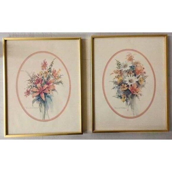 Vintage Other - Set of Vintage Floral Prints in Gold Metal Frames – Wall Décor Home Wall Decor